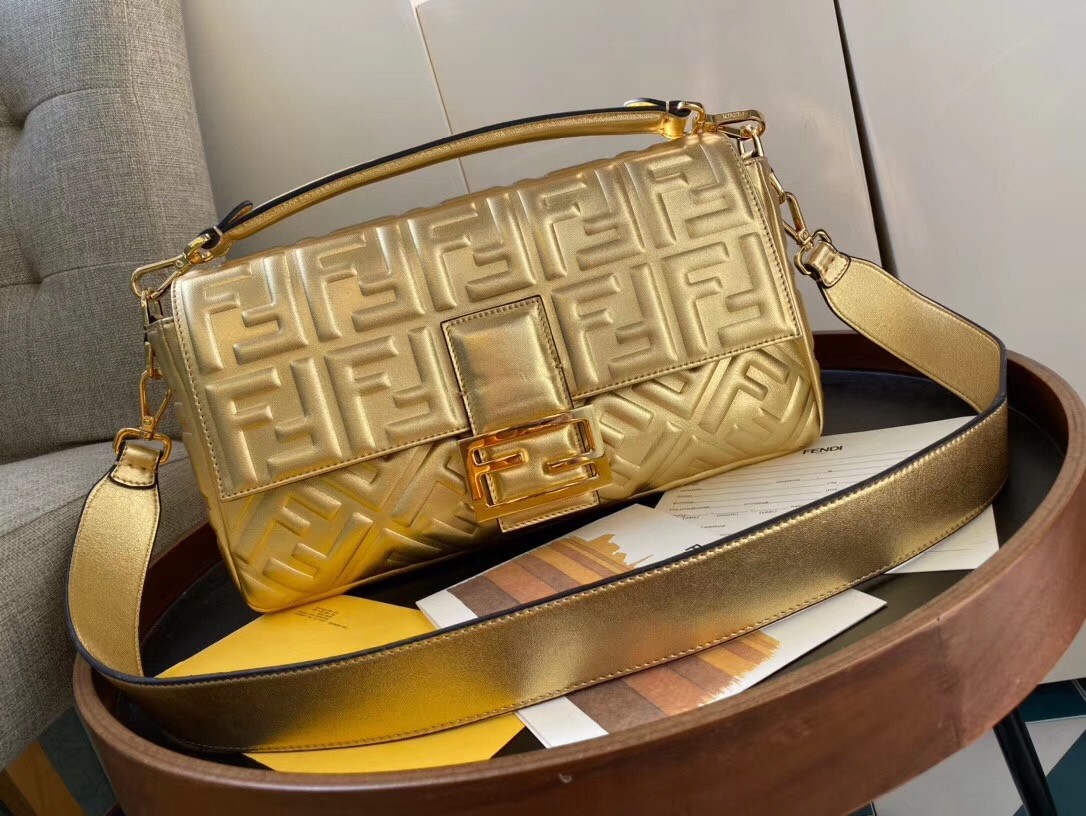 F**di baguette large bag in gold lambskin with ff motif