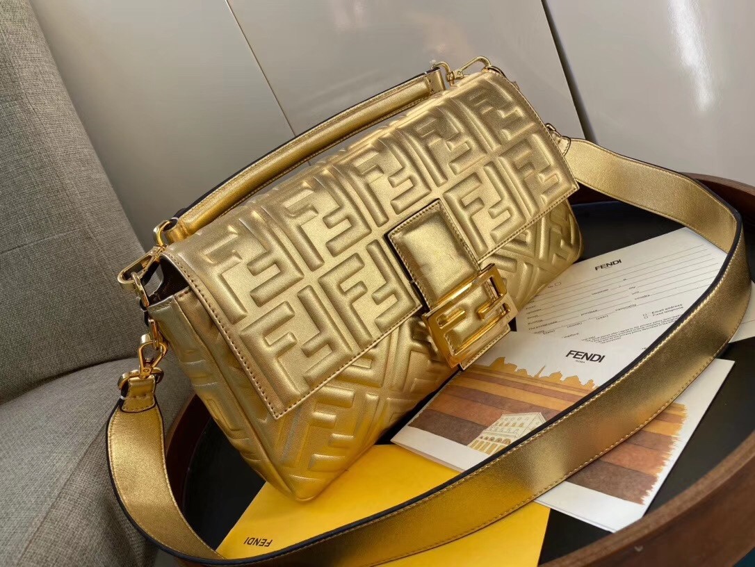 F**di baguette large bag in gold lambskin with ff motif