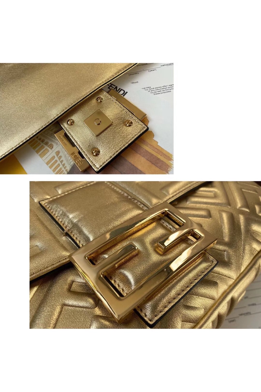 F**di baguette large bag in gold lambskin with ff motif