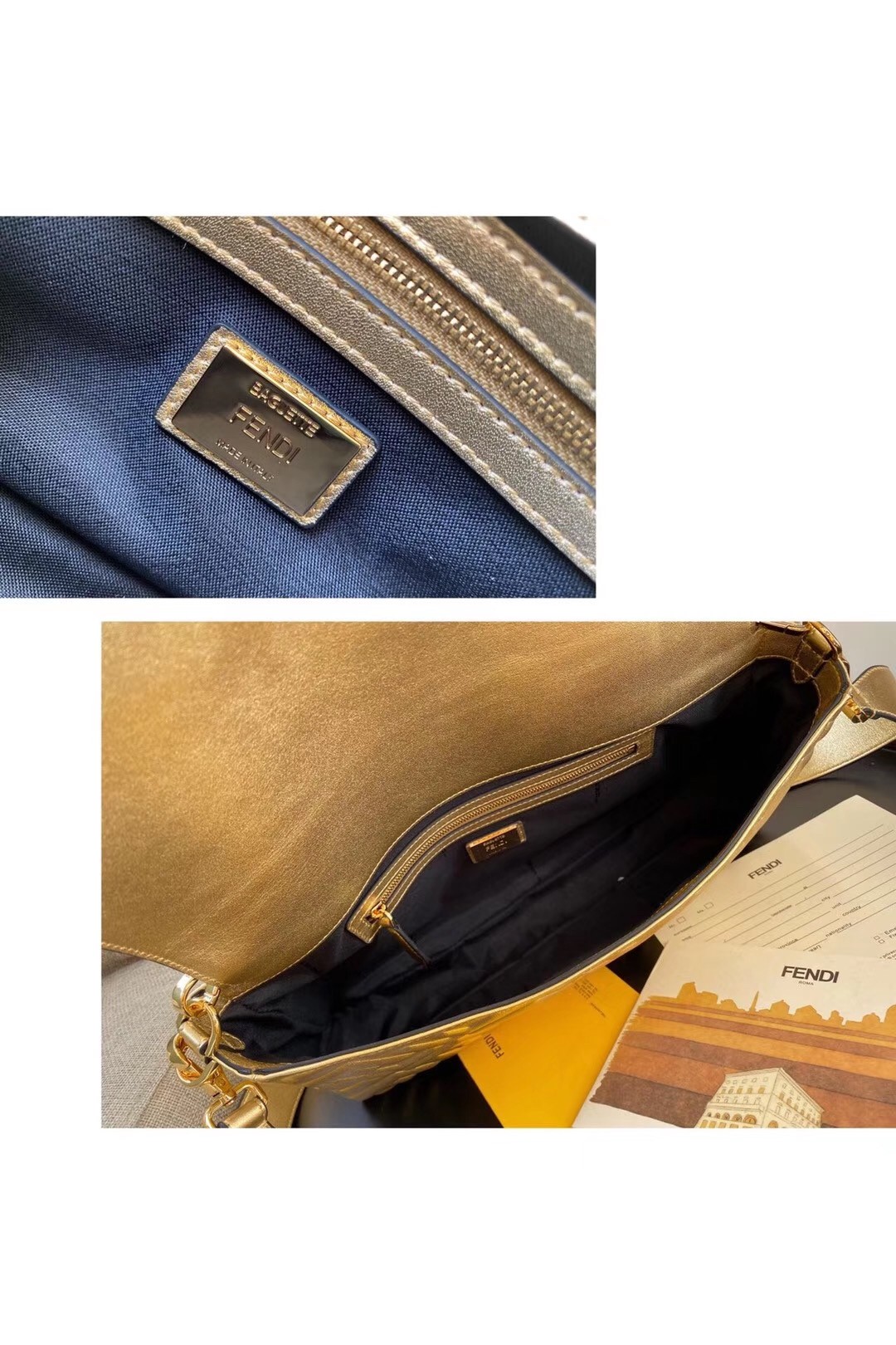 F**di baguette large bag in gold lambskin with ff motif