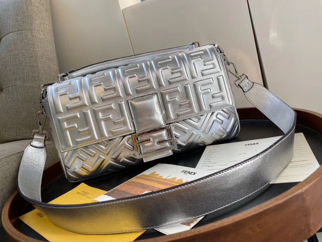 F**di baguette large bag in silver lambskin with ff motif
