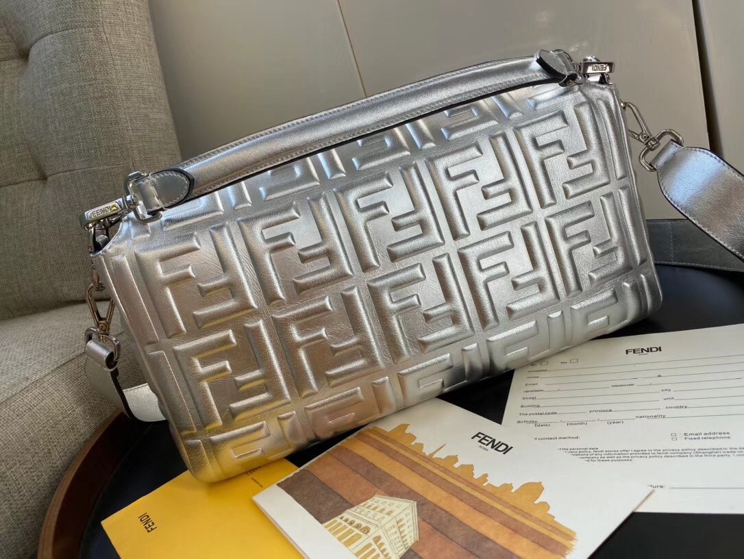 F**di baguette large bag in silver lambskin with ff motif
