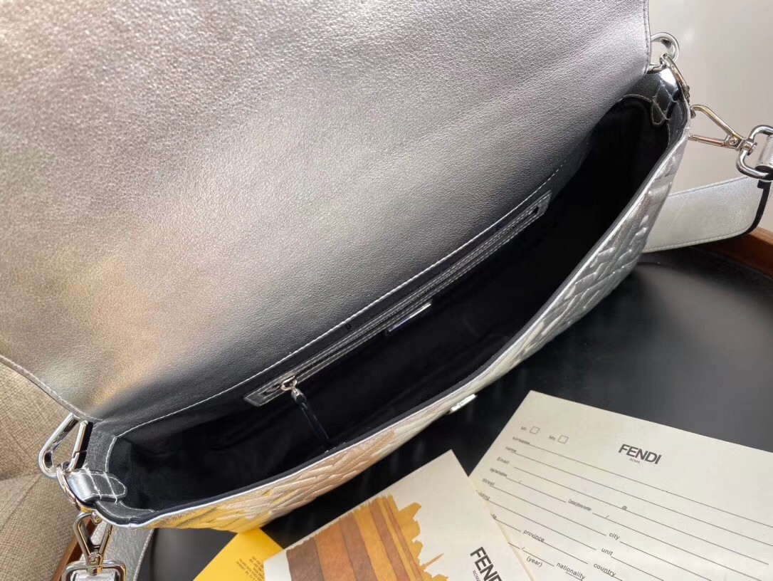 F**di baguette large bag in silver lambskin with ff motif
