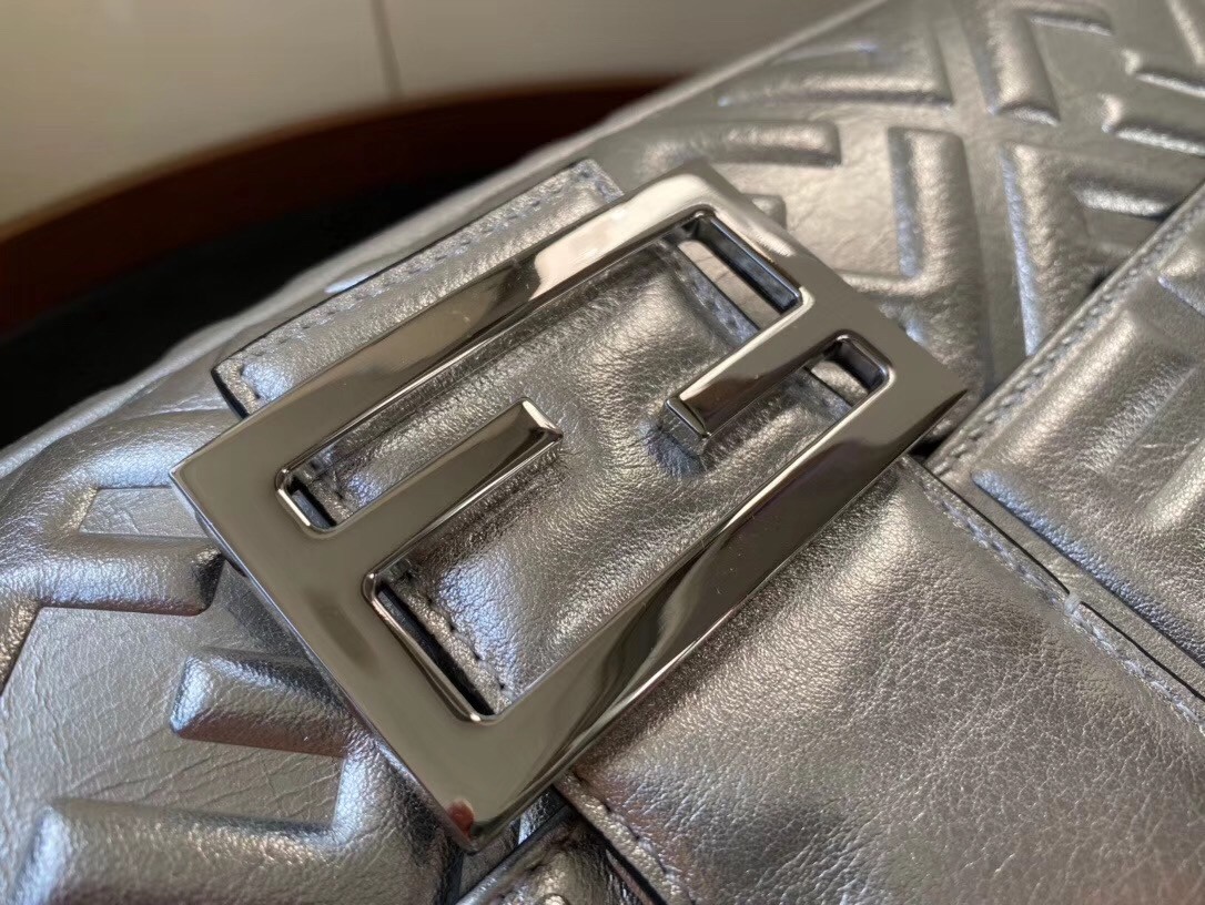 F**di baguette large bag in silver lambskin with ff motif