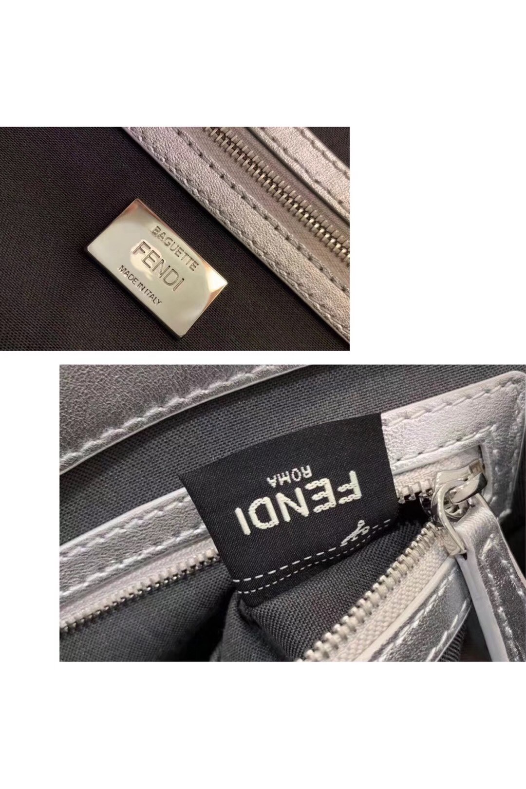 F**di baguette large bag in silver lambskin with ff motif