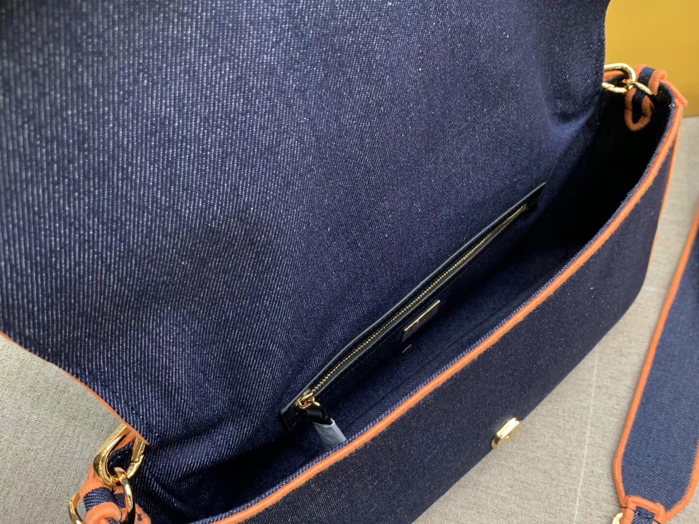 F**di large baguette bag in blue denim with orange trim