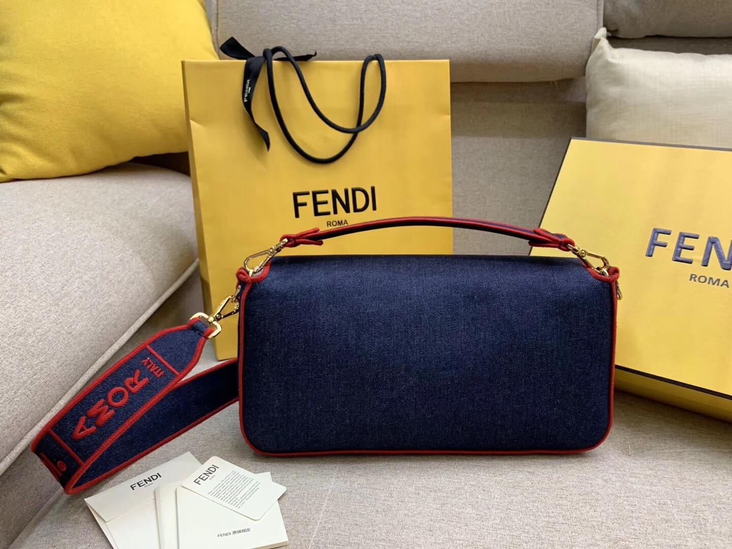 F**di large baguette bag in blue denim with red trim