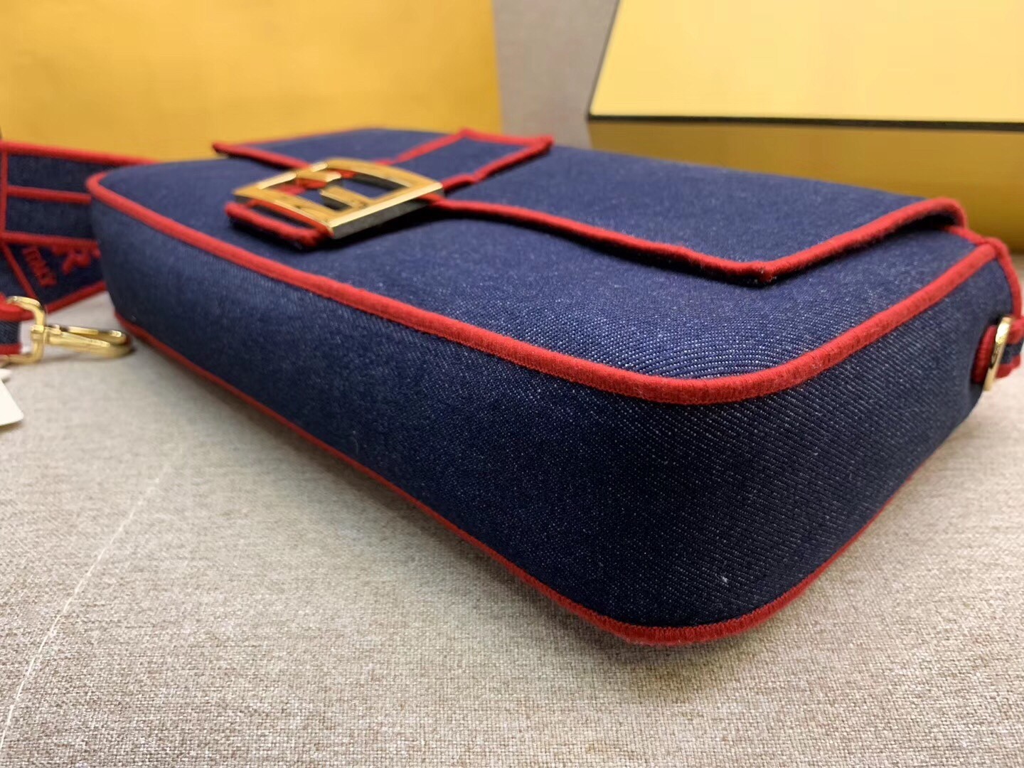 F**di large baguette bag in blue denim with red trim