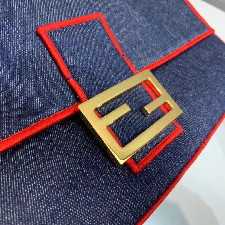 F**di large baguette bag in blue denim with red trim