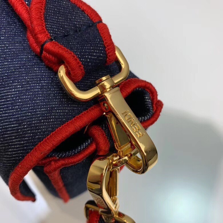 F**di large baguette bag in blue denim with red trim