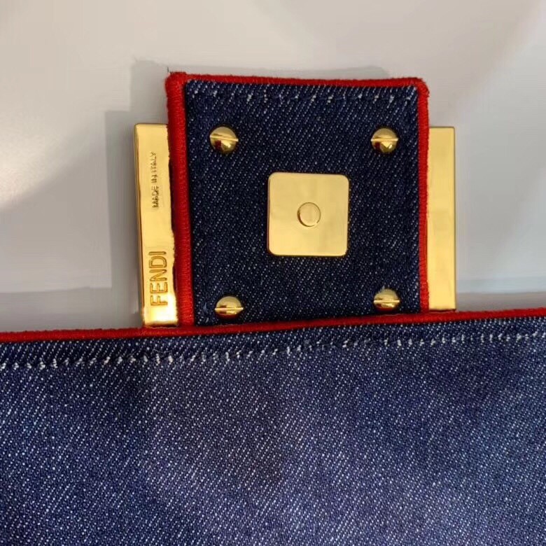 F**di large baguette bag in blue denim with red trim