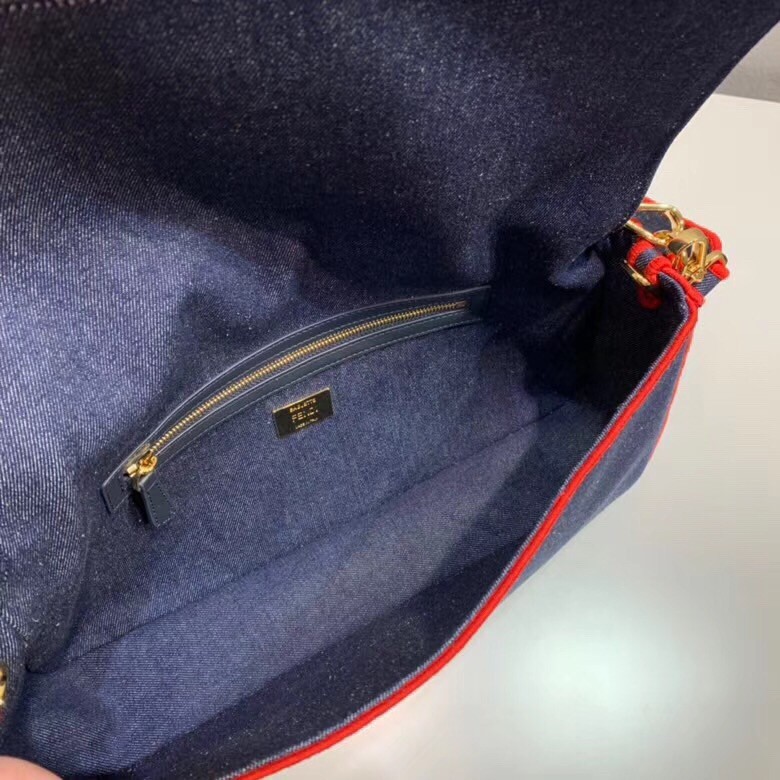 F**di large baguette bag in blue denim with red trim