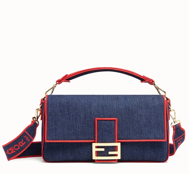 F**di large baguette bag in blue denim with red trim