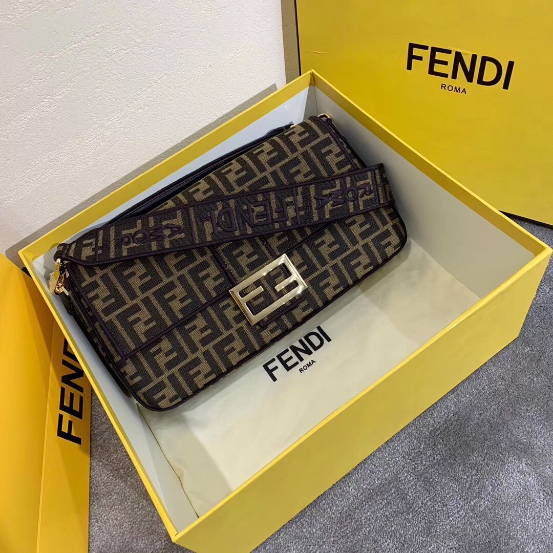F**di baguette large bag in ff fabric with black trim