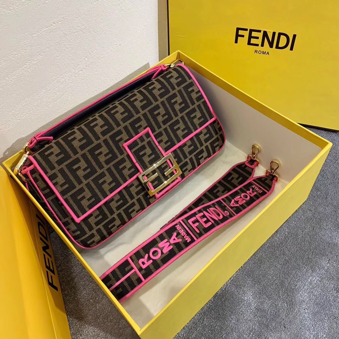 F**di baguette large bag in ff fabric with pink trim