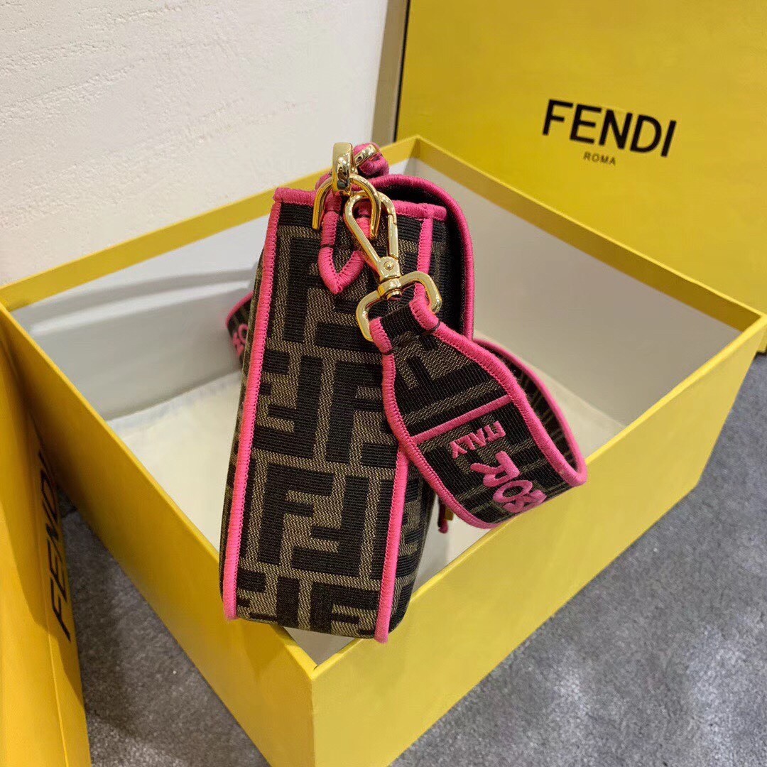 F**di baguette large bag in ff fabric with pink trim
