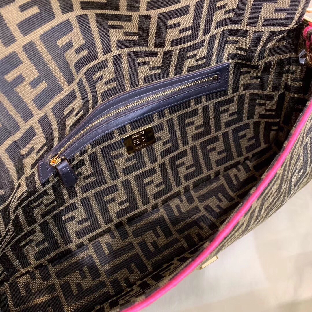 F**di baguette large bag in ff fabric with pink trim