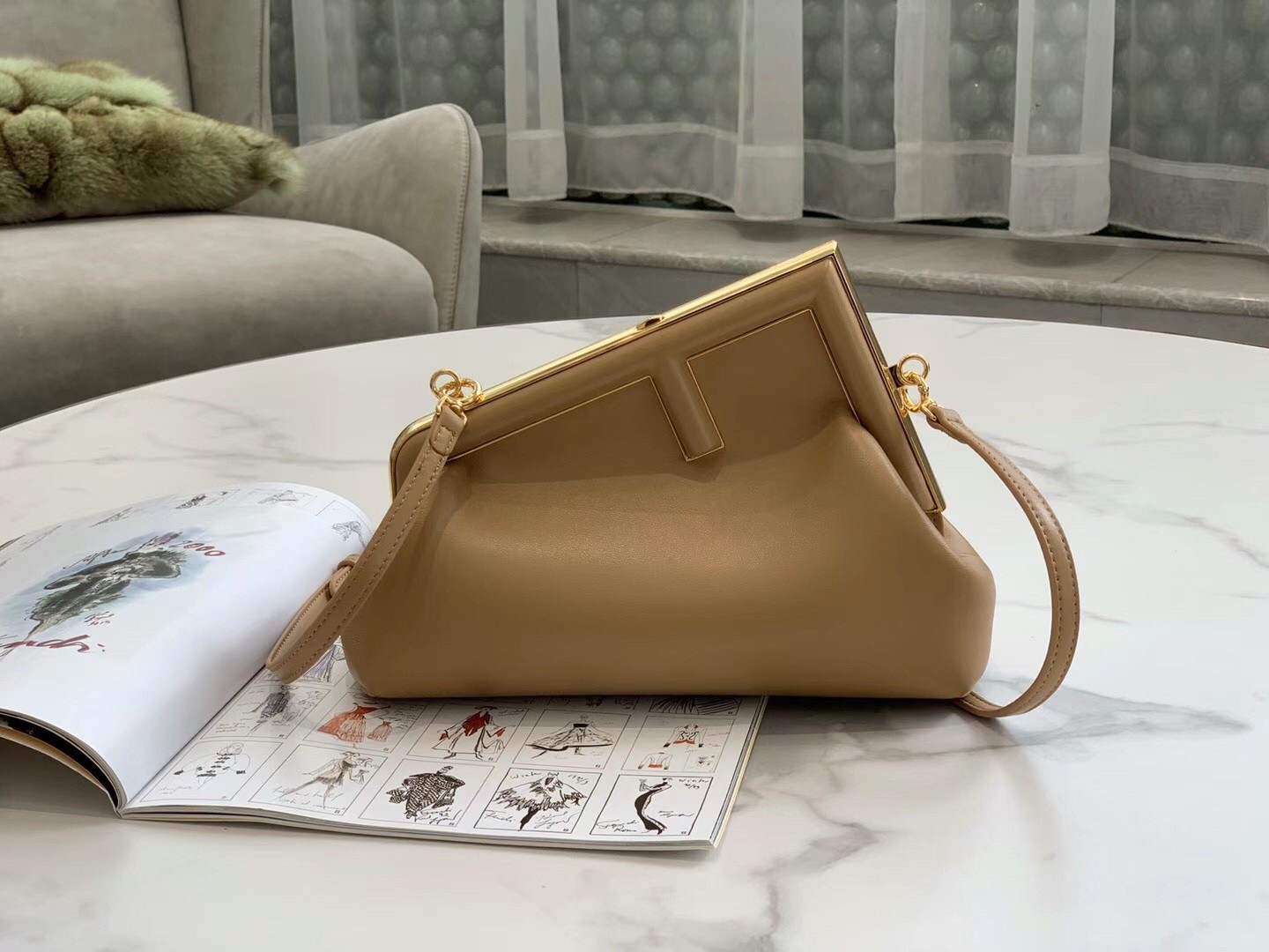 F**di first small bag in beige nappa leather