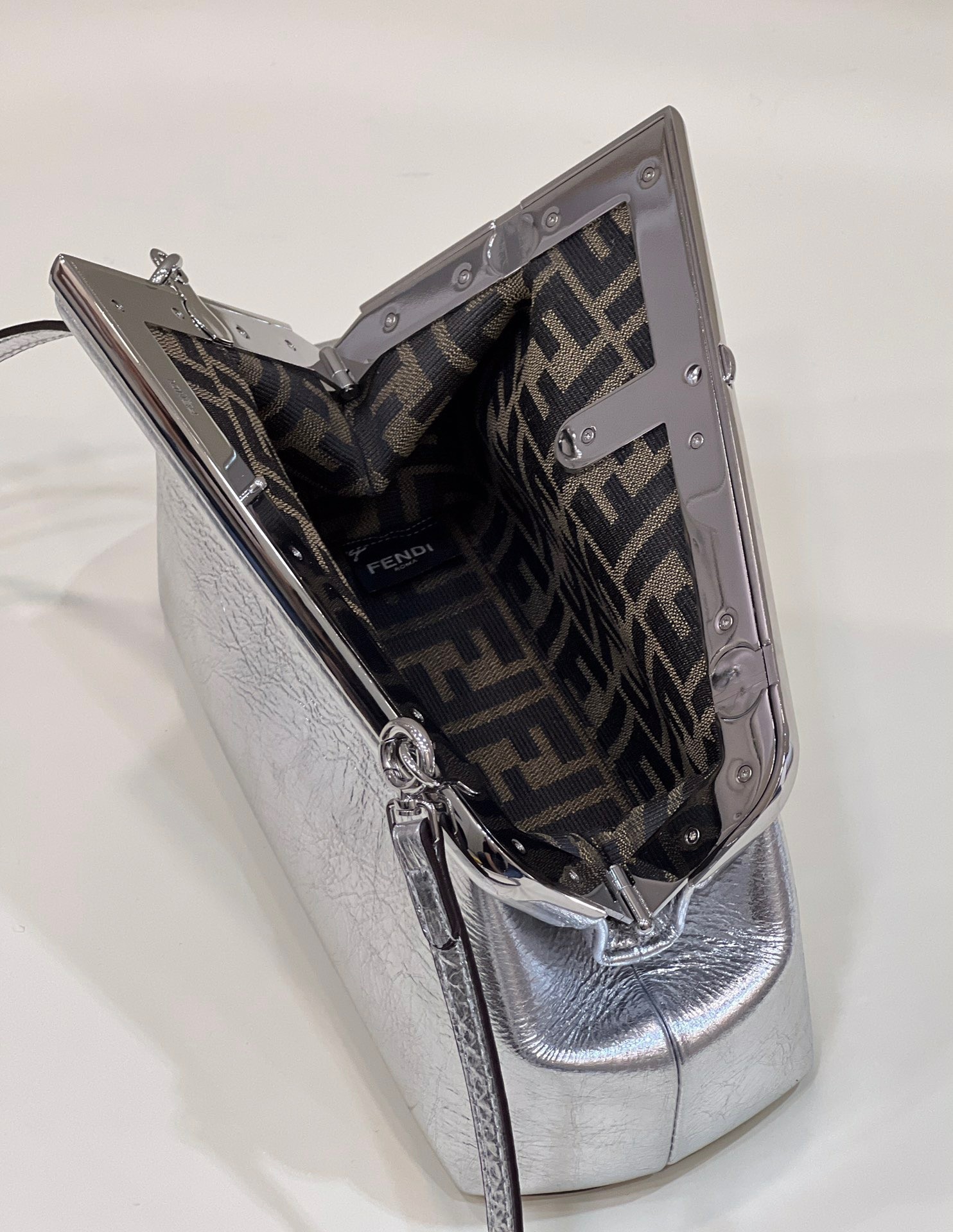 F**di first small bag in silver laminated leather