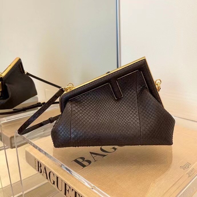 F**di small first bag in dark brown python leather