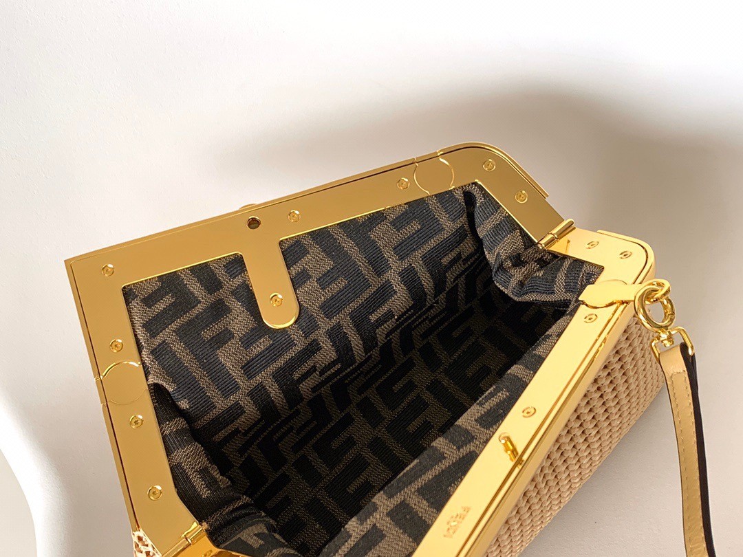 F**di first small bag in beige raffia macrame