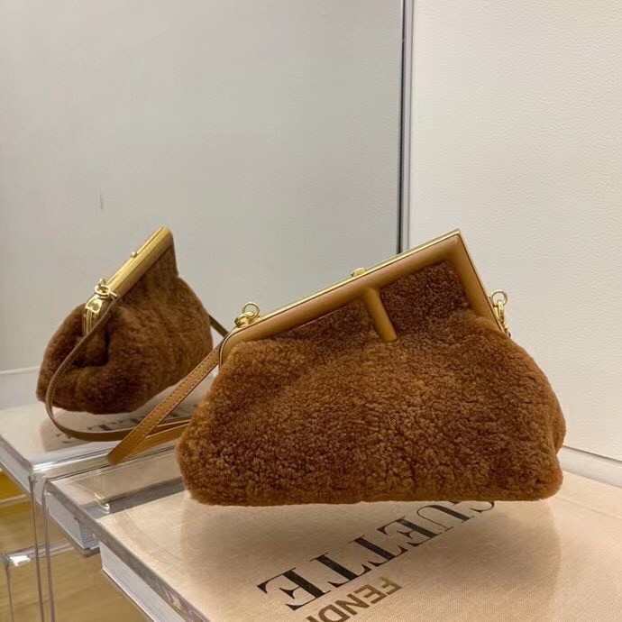 F**di small first bag in brown wool sheepskin