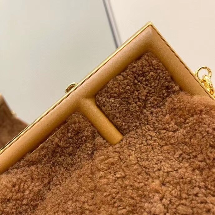 F**di small first bag in brown wool sheepskin