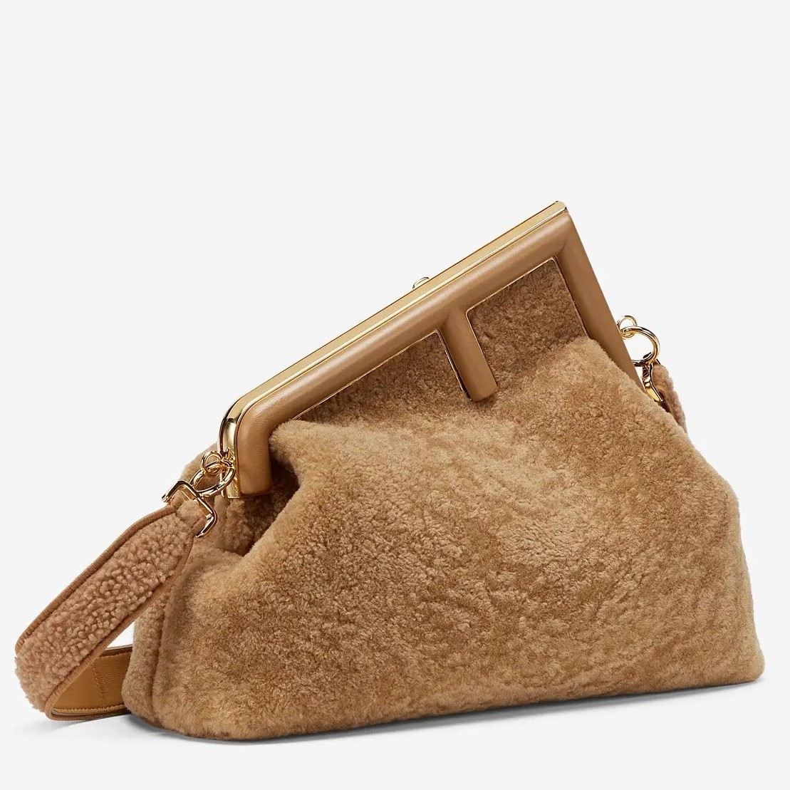 F**di small first bag in brown wool sheepskin