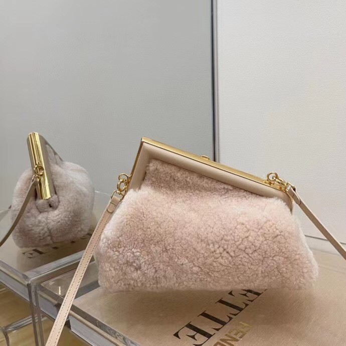 F**di small first bag in pink wool sheepskin