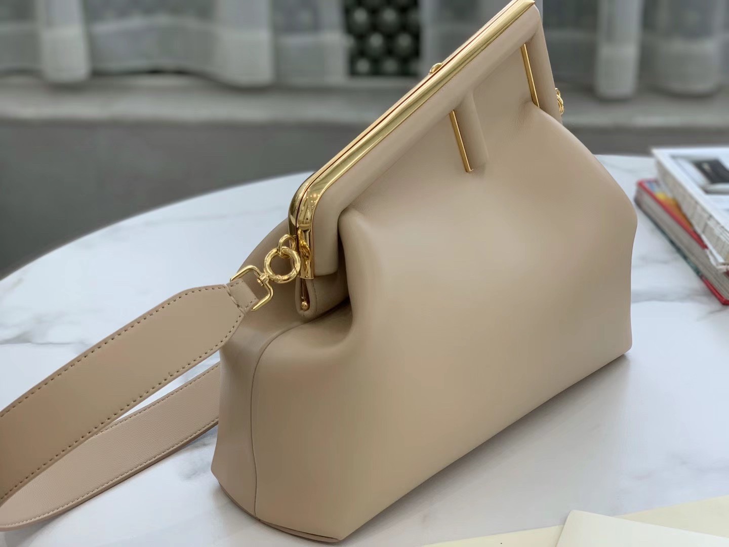 F**di first medium bag in beige nappa leather