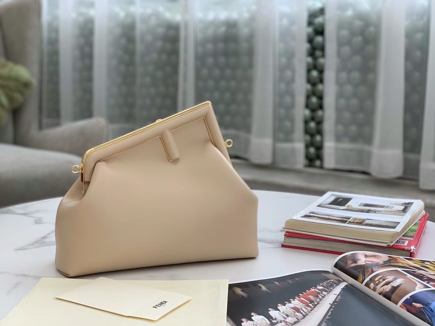 F**di first medium bag in beige nappa leather