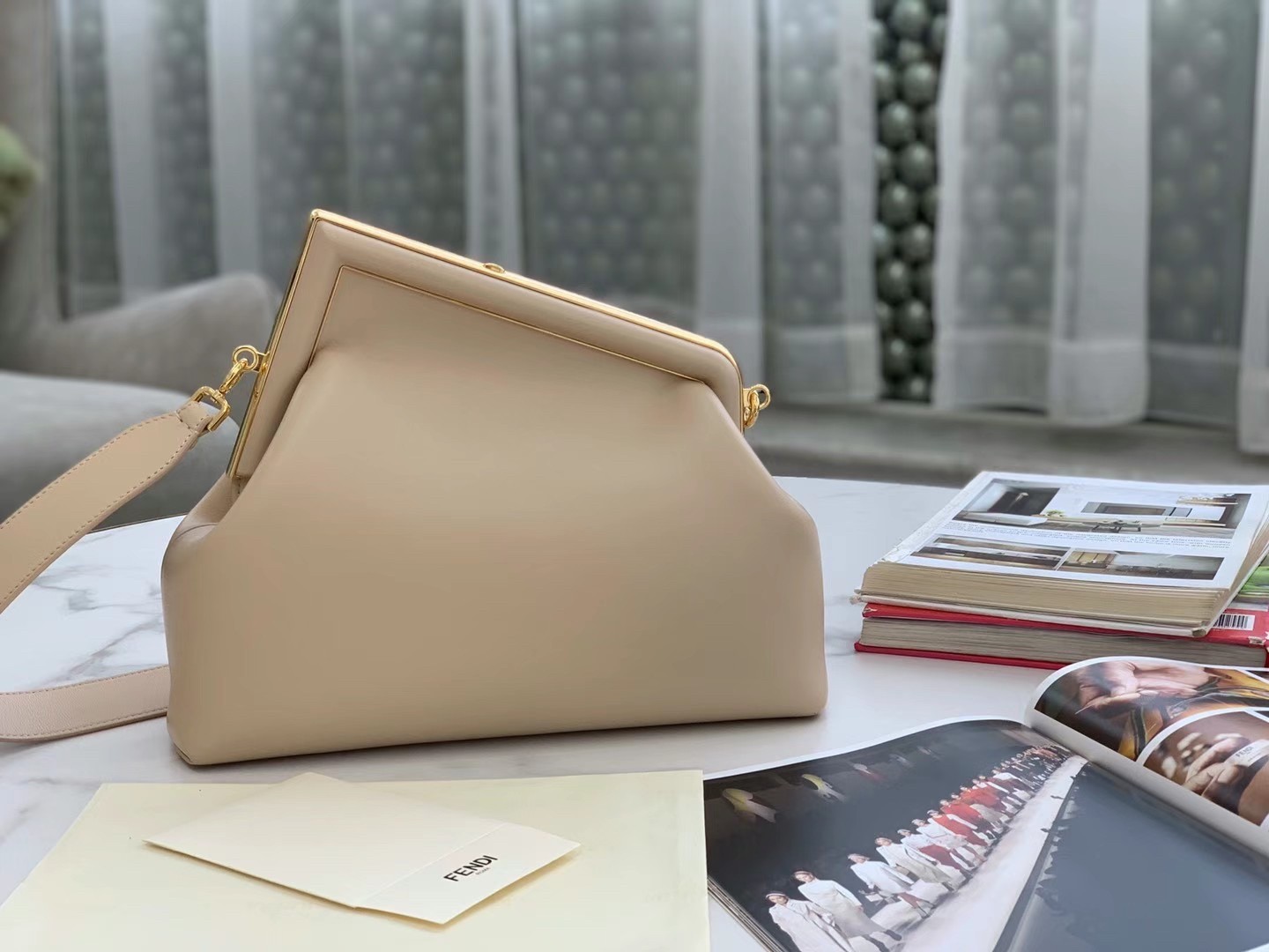 F**di first medium bag in beige nappa leather