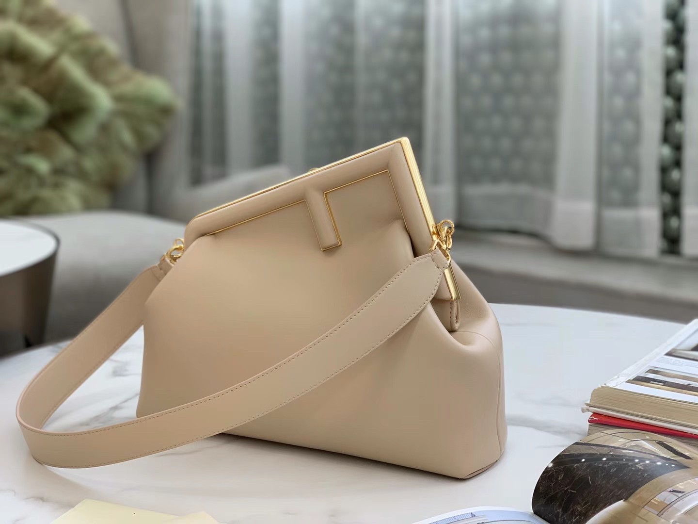 F**di first medium bag in beige nappa leather