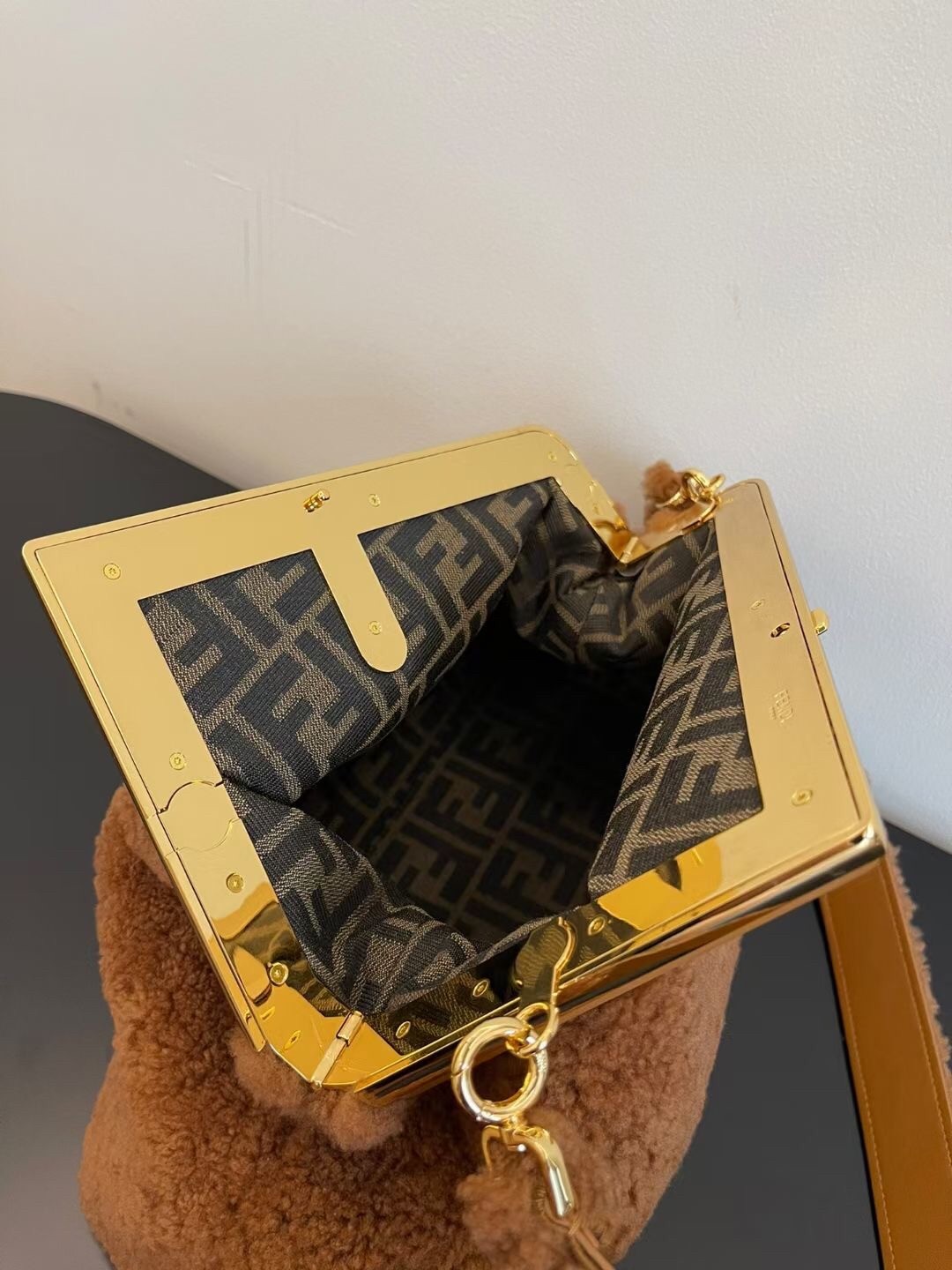 F**di medium first bag in brown wool sheepskin