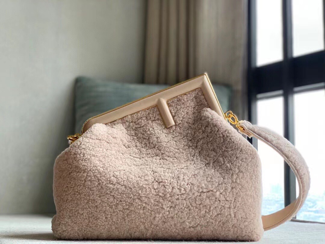 F**di medium first bag in pink wool sheepskin