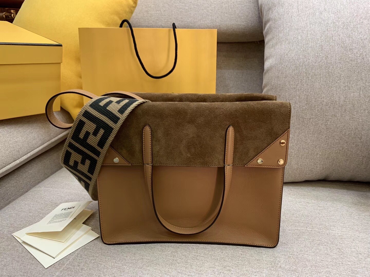 F**di large flip tote bag in brown calfskin