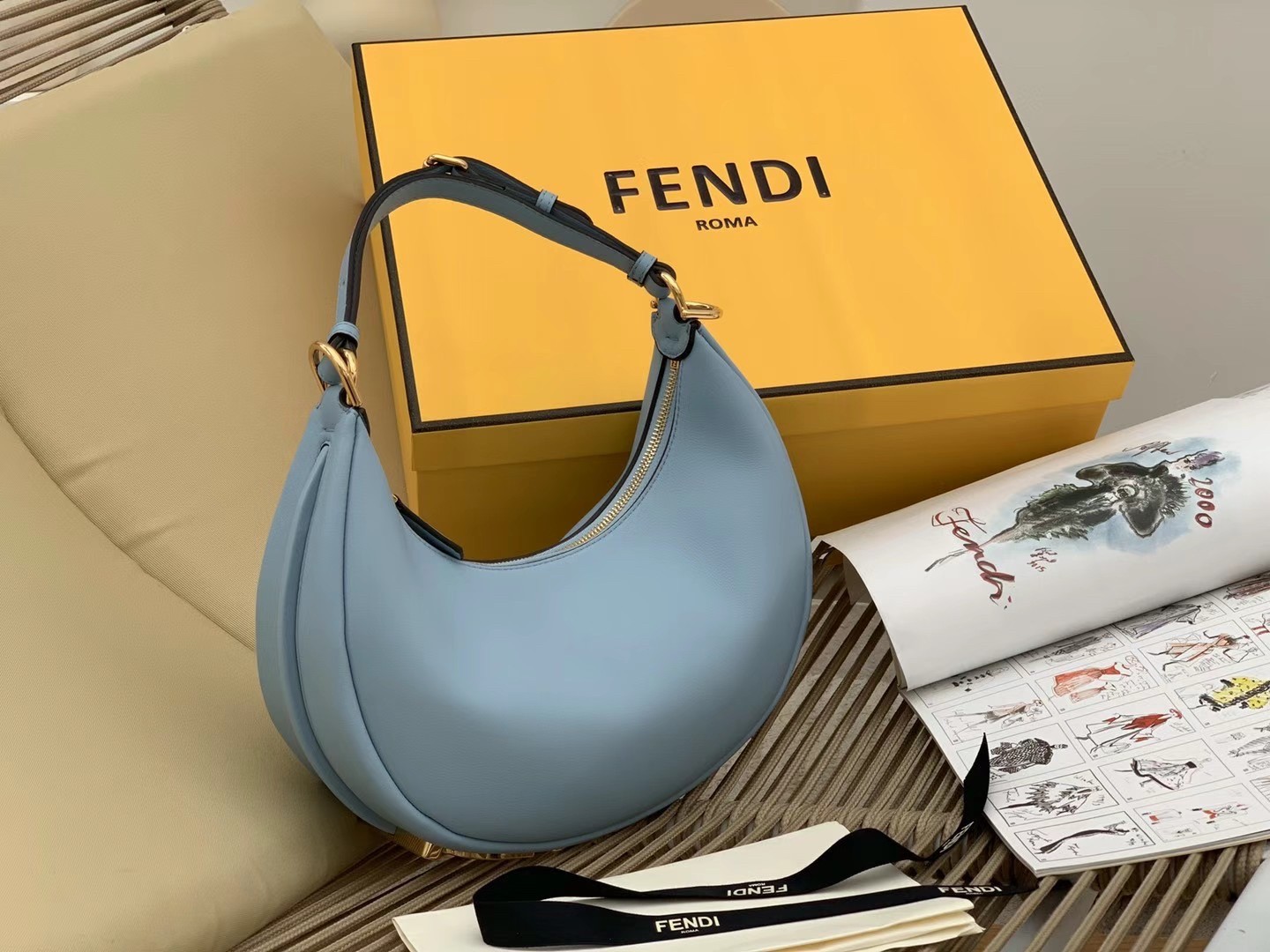 F**di F**digraphy small hobo bag in light blue leather
