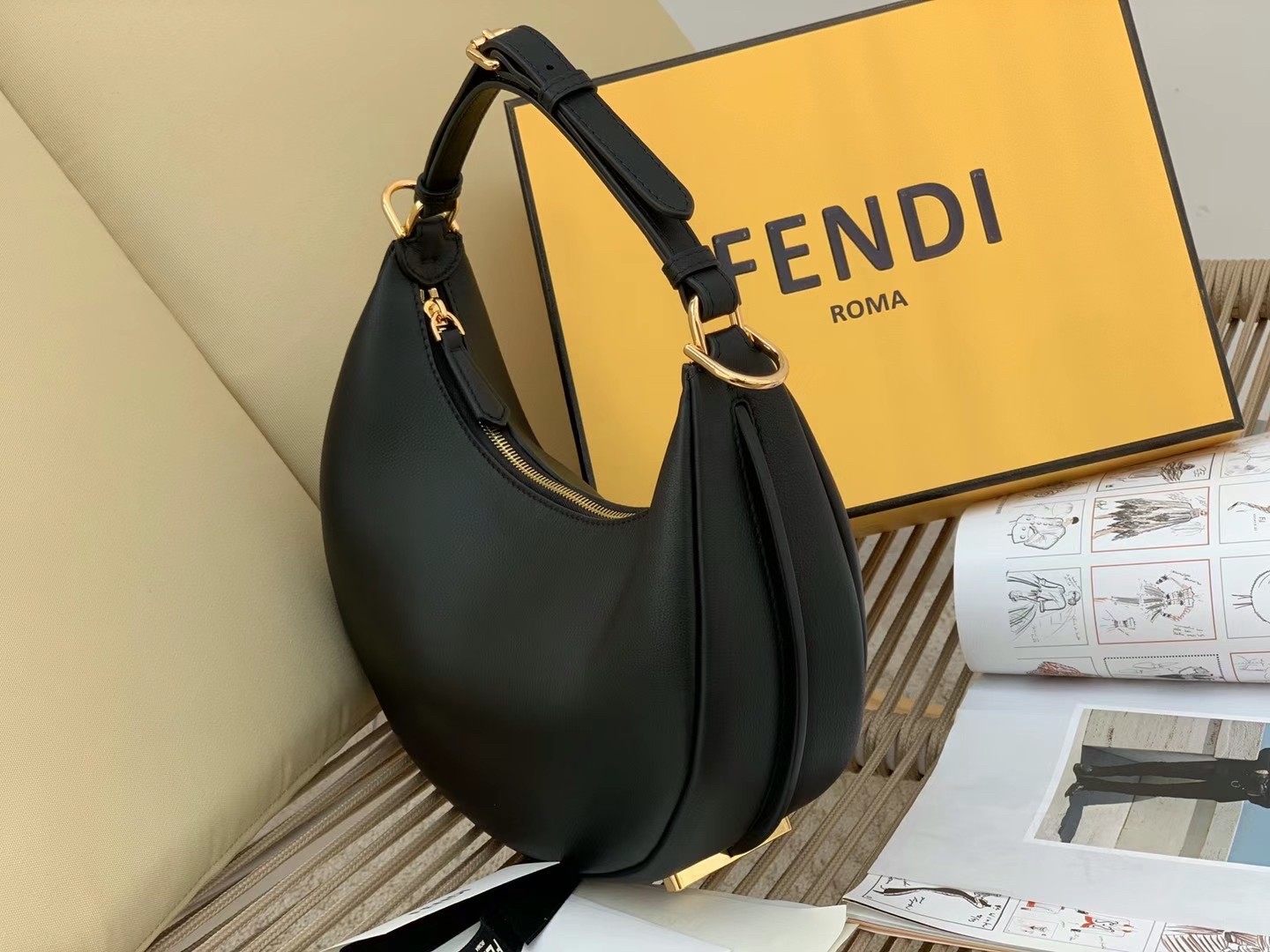 F**di F**digraphy small hobo bag in black leather