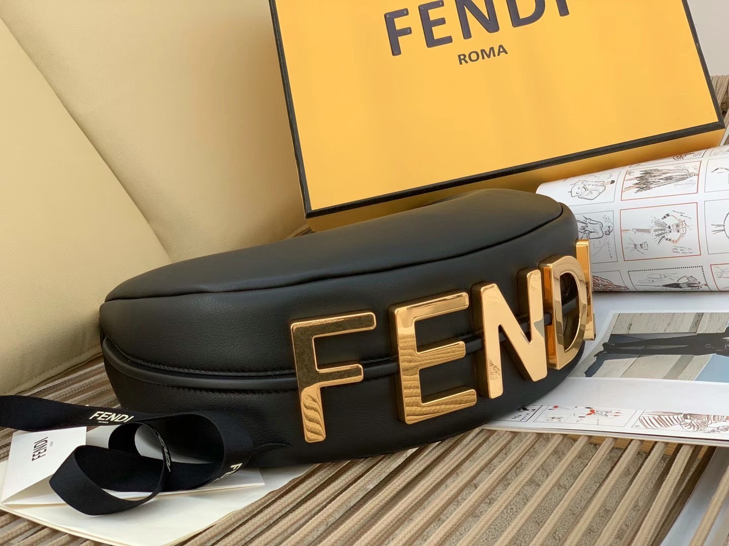 F**di F**digraphy small hobo bag in black leather