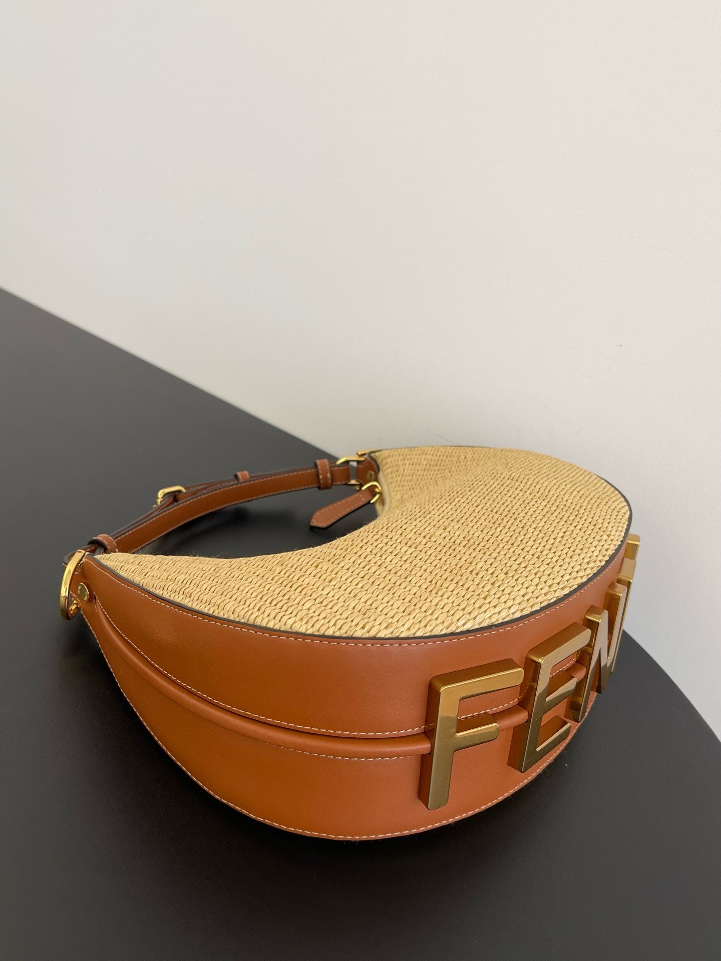 F**di F**digraphy small hobo bag in natural raffia