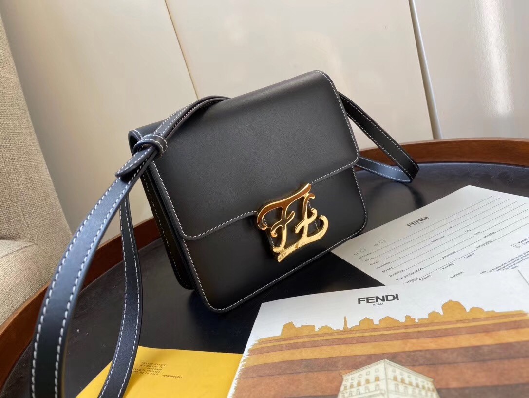 F**di karligraphy bag in black calfskin leather
