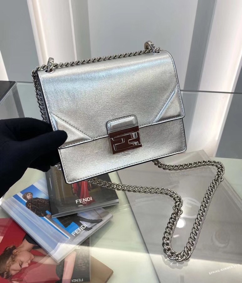 F**di small kan u bag in mirror-effect silver leather