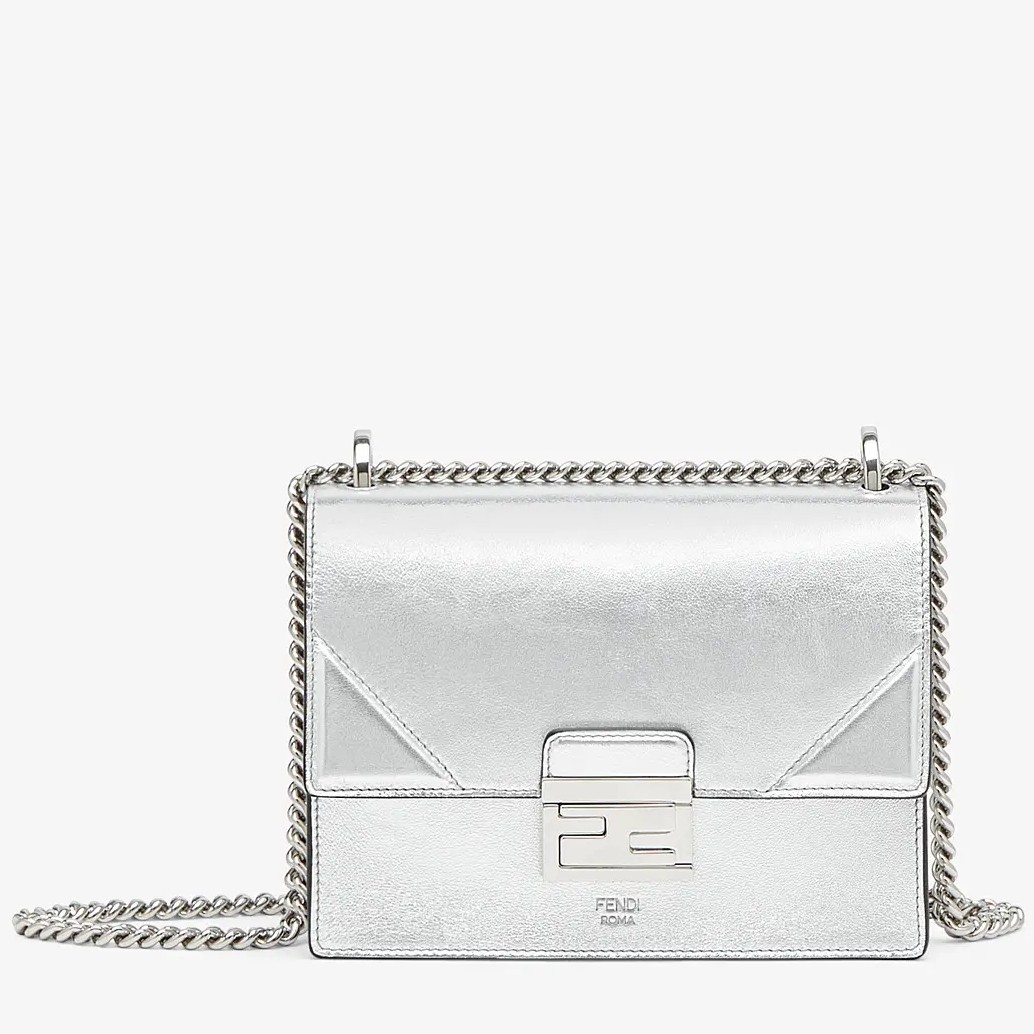 F**di small kan u bag in mirror-effect silver leather