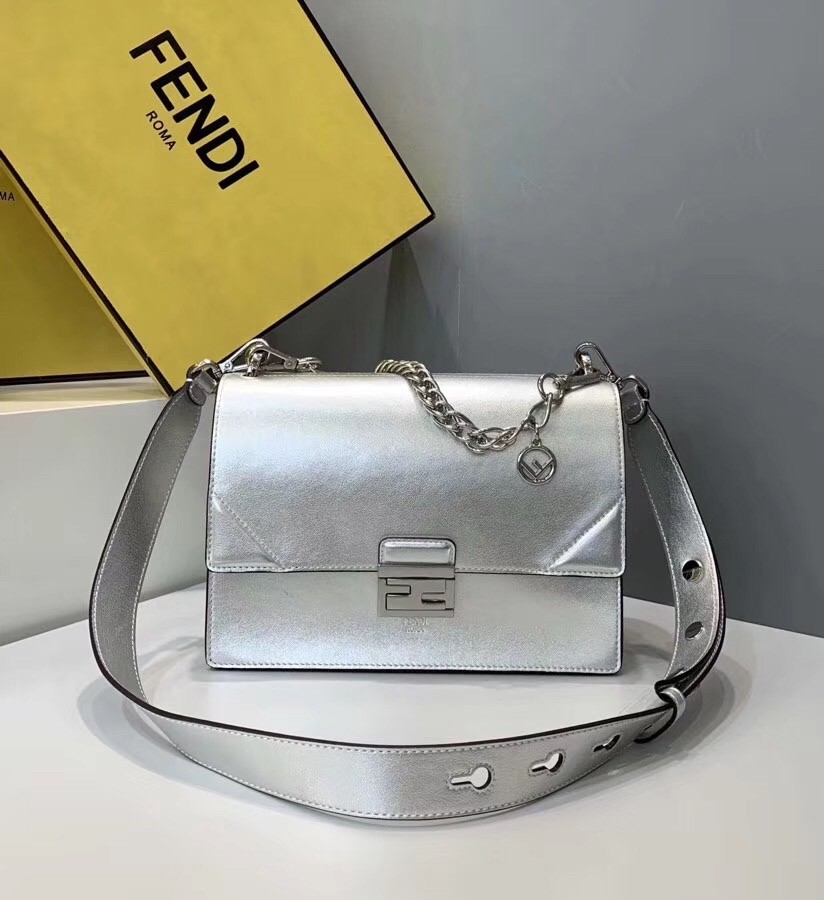 F**di kan u bag in mirror-effect silver leather