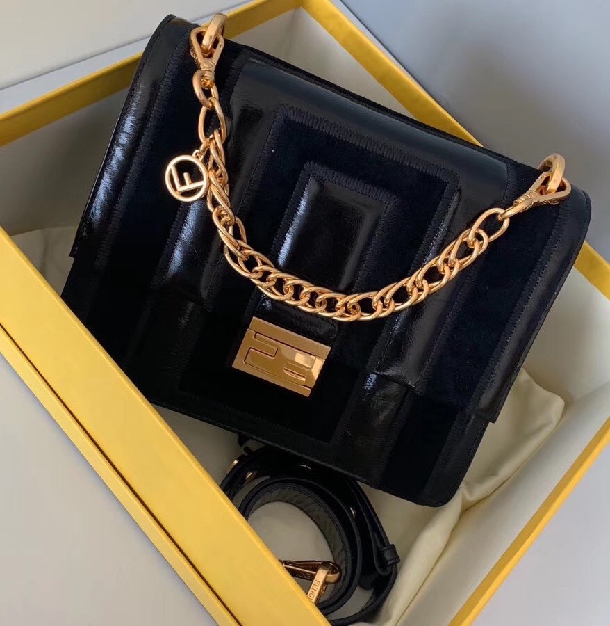 F**di kan u bag in black leather and suede