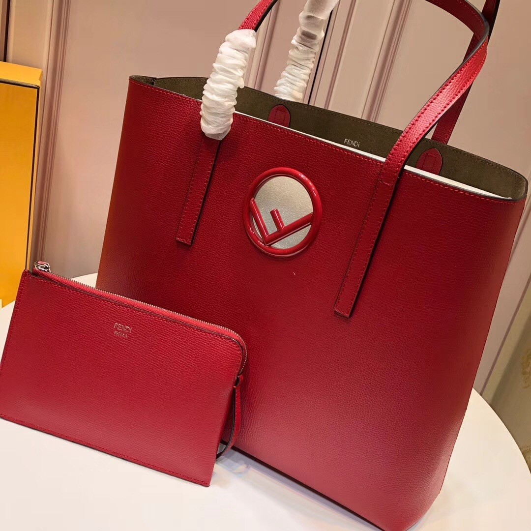 F**di red leather logo shopper bag