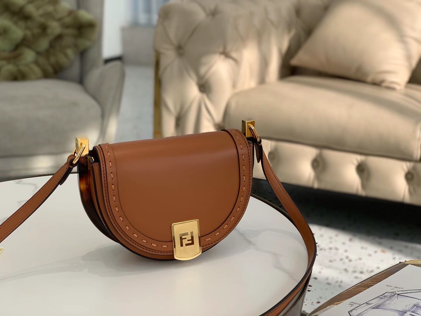 F**di moonlight saddle bag in brown calfskin