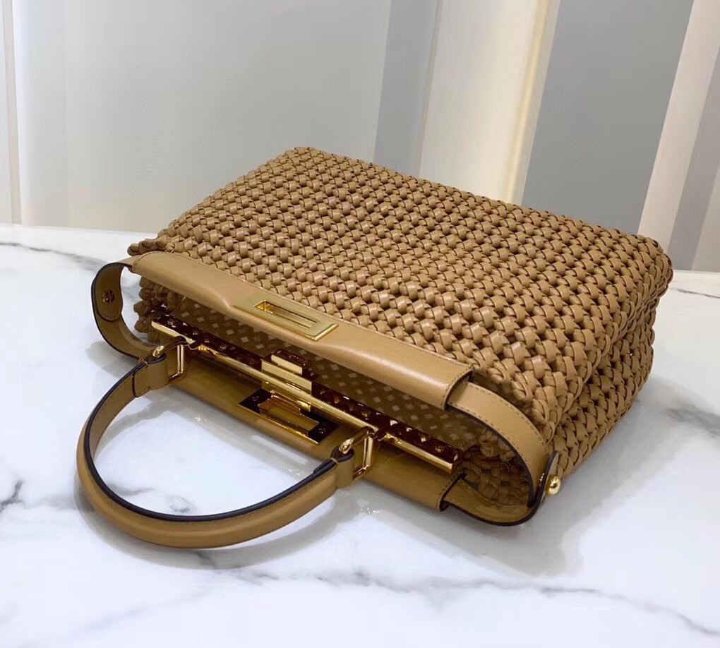 F**di peekaboo medium bag in beige interlace leather