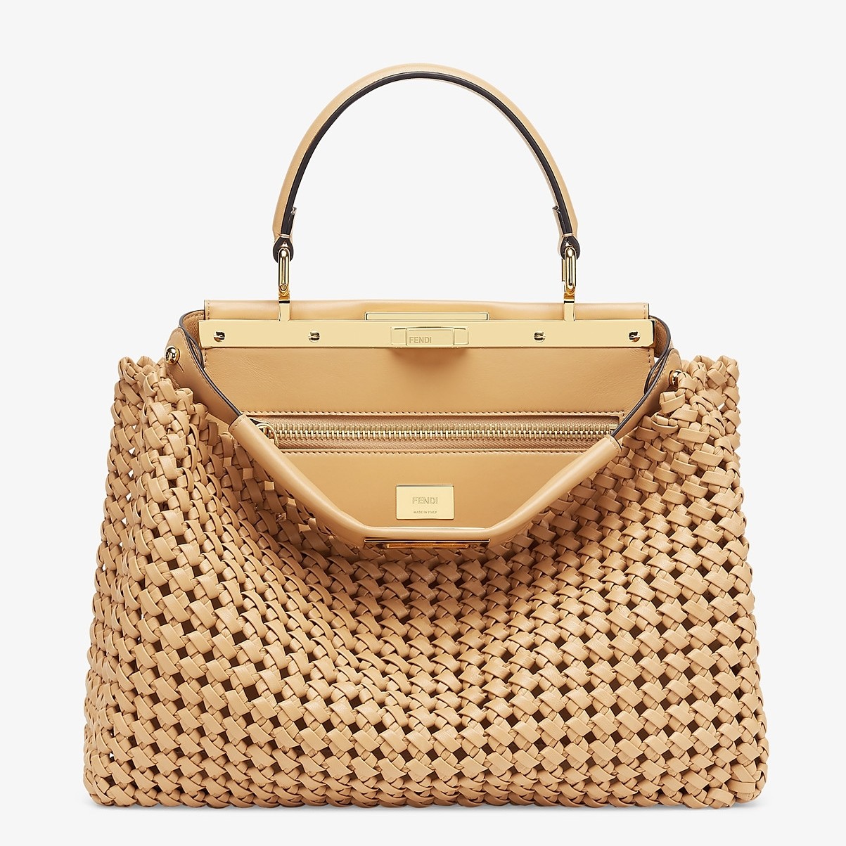 F**di peekaboo medium bag in beige interlace leather