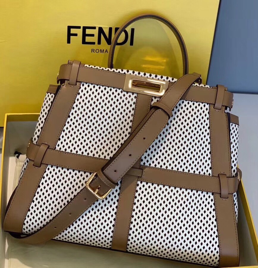 F**di peekaboo medium bag in white perforated calf leather